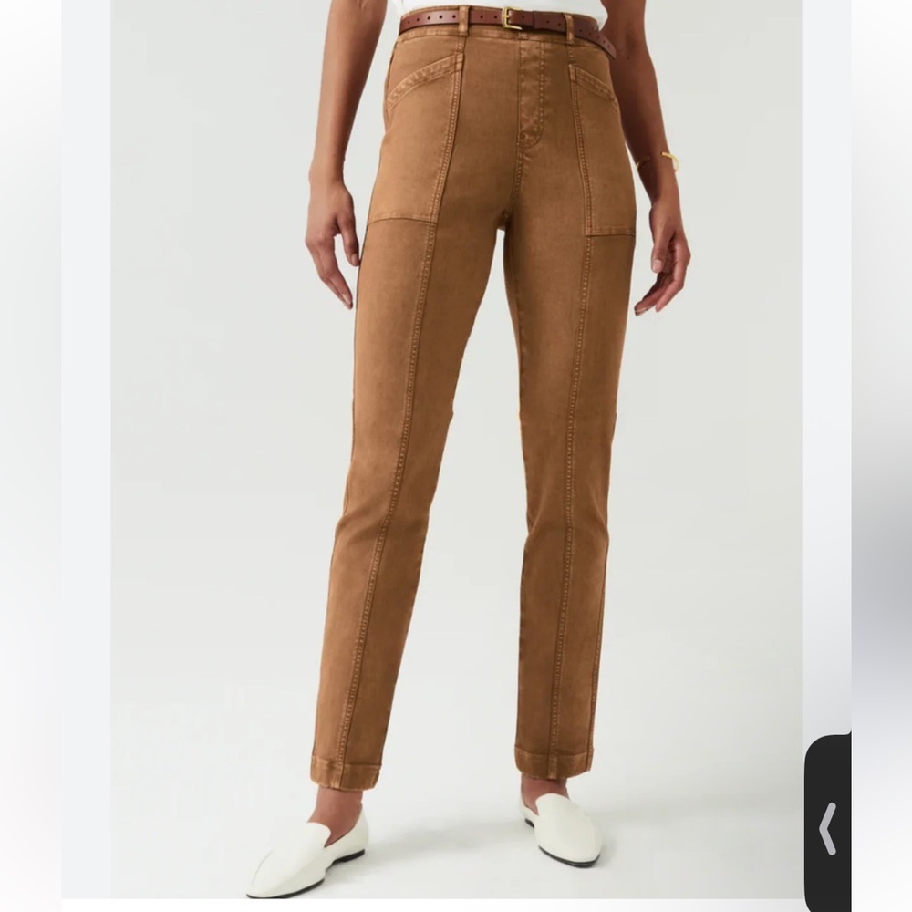 SPANX STRETCH TWILL STRAIGHT LEG PANT brown high rise pull on XS